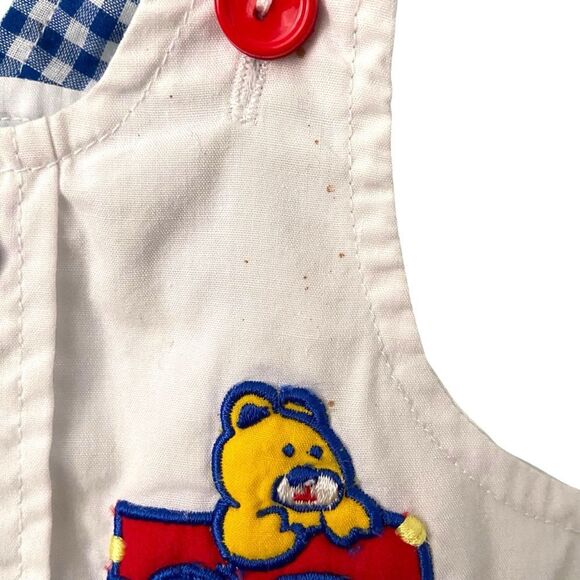 Vintage Small Steps Blue & White Checkered Kids Overalls with Bear Size 6/9 Mos - Picture 8 of 8